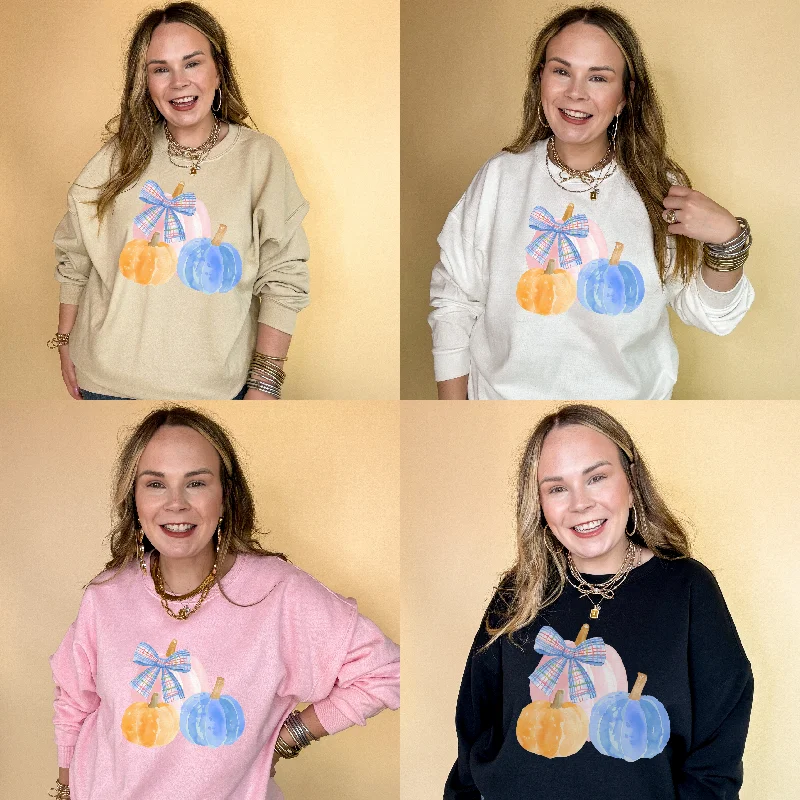 Feminine and fashionable clothing for every wardrobe Online Exclusive | Pastel Patch Pumpkins in Orange, Pink and Blue with Plaid Bow Graphic Sweatshirt in Multiple Color Options Feminine and fashionable clothing for every wardrobe Online Exclusive | Pastel Patch Pumpkins in Orange, Pink and Blue with Plaid Bow Graphic Sweatshirt in Multiple Color Options