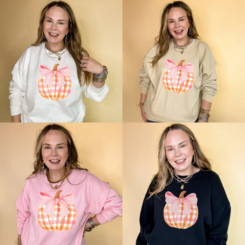 Comfortable yet stylish outfits for women on the go Online Exclusive | Charming Orange and White Plaid Pumpkin with Pink Bow Graphic Sweatshirt in Multiple Color Options Comfortable yet stylish outfits for women on the go Online Exclusive | Charming Orange and White Plaid Pumpkin with Pink Bow Graphic Sweatshirt in Multiple Color Options