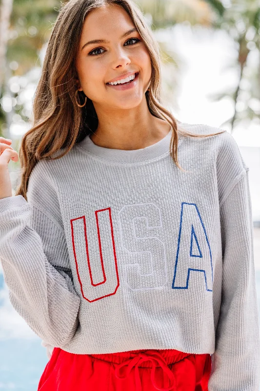 Find your perfect fit with stylish women’s clothing USA Silver Gray Embroidered Corded Sweatshirt Find your perfect fit with stylish women’s clothing USA Silver Gray Embroidered Corded Sweatshirt