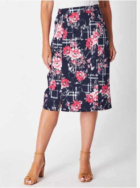 Stretch Sateen Skirt - Navy Floral